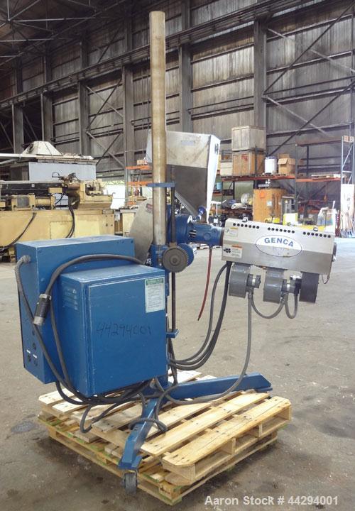Used Genca 1-1/4” Single Screw Pedestal Mounted Extruder, Model GV125-24BBS2A00A. Approximately 24 to 1 L/D ratio. Electrically heated, air cooled 3 zone non-vented barrel. Water cooled feed throat w...