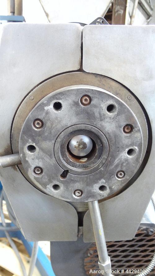 Used Genca 1-1/4” Single Screw Pedestal Mounted Extruder, Model GV125-24BBS2A00A. Approximately 24 to 1 L/D ratio. Electrically heated, air cooled 3 zone non-vented barrel. Water cooled feed throat w...