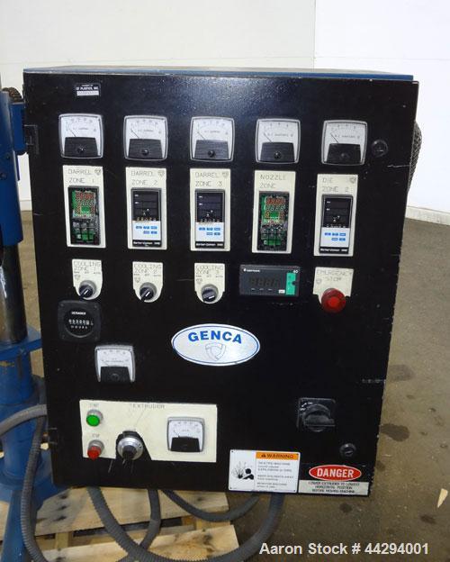 Used Genca 1-1/4” Single Screw Pedestal Mounted Extruder, Model GV125-24BBS2A00A. Approximately 24 to 1 L/D ratio. Electrically heated, air cooled 3 zone non-vented barrel. Water cooled feed throat w...