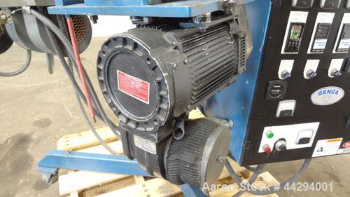 Used Genca 1-1/4” Single Screw Pedestal Mounted Extruder, Model GV125-24BBS2A00A. Approximately 24 to 1 L/D ratio. Electrically heated, air cooled 3 zone non-vented barrel. Water cooled feed throat w...