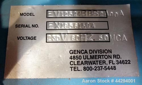 Used Genca 1-1/4” Single Screw Pedestal Mounted Extruder, Model GV125-24BBS2A00A. Approximately 24 to 1 L/D ratio. Electrically heated, air cooled 3 zone non-vented barrel. Water cooled feed throat w...
