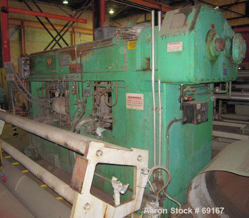Used Gloucester 3-1/2" Single Screw Extruder, Model 233-001. Approximately 30 to 1 L/D ratio. Electrically heated, water cooled barrel. Driven by a 100 hp DC motor thru a gearbox, ratio 15.398 to 1. ...