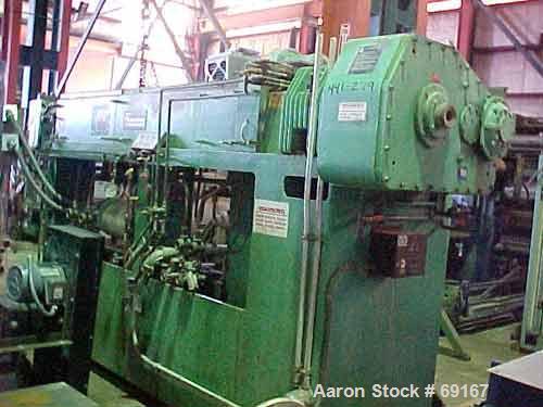 Used Gloucester 3-1/2" Single Screw Extruder, Model 233-001. Approximately 30 to 1 L/D ratio. Electrically heated, water cooled barrel. Driven by a 100 hp DC motor thru a gearbox, ratio 15.398 to 1. ...