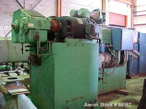 Used Gloucester 3-1/2" Single Screw Extruder, Model 233-001. Approximately 30 to 1 L/D ratio. Electrically heated, water cooled barrel. Driven by a 100 hp DC motor thru a gearbox, ratio 15.398 to 1. ...