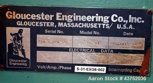 Used Gloucester Engineering 6" Single Screw Extruder, Model 266-001. Approximately 24 to 1 L/D ratio. Electrically heated, water cooled (no system) 5 zone side vented barrel, water cooled feed throat...