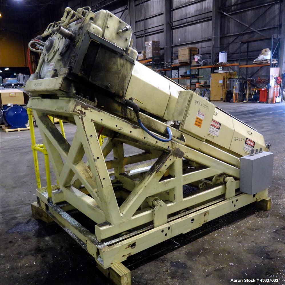 Used Graham Engineering 3-1/2" Single Screw Extruder. 24 to 1 L/D Ratio. Electrically heated, air cooled 5 zone non-vented barrel. Water cooled feed throat with hopper. Driven by a 100hp, 500 volt, 1...