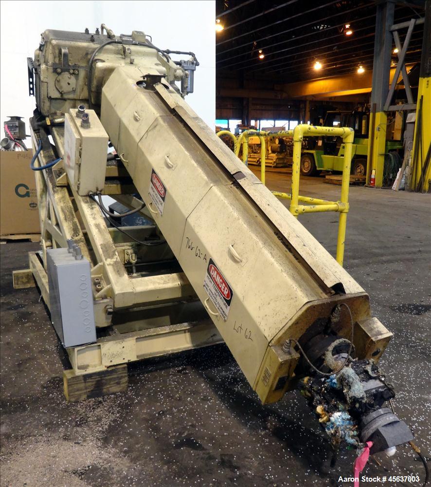 Used Graham Engineering 3-1/2" Single Screw Extruder. 24 to 1 L/D Ratio. Electrically heated, air cooled 5 zone non-vented barrel. Water cooled feed throat with hopper. Driven by a 100hp, 500 volt, 1...