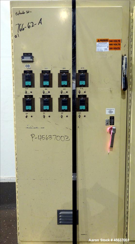 Used Graham Engineering 3-1/2" Single Screw Extruder. 24 to 1 L/D Ratio. Electrically heated, air cooled 5 zone non-vented barrel. Water cooled feed throat with hopper. Driven by a 100hp, 500 volt, 1...