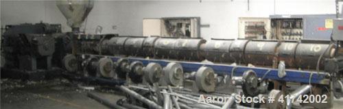 Used 8" HPM Southcon Extruder, 2 stage screw, model 8TMK, 40:1 L/D vented, air cooled barrel with 10 fans.  Includes Omron E505 temperature digital controllers, 10 barrel zones, 3 screen changer zone...