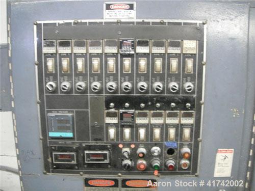 Used 8" HPM Southcon Extruder, 2 stage screw, model 8TMK, 40:1 L/D vented, air cooled barrel with 10 fans.  Includes Omron E505 temperature digital controllers, 10 barrel zones, 3 screen changer zone...