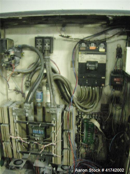 Used 8" HPM Southcon Extruder, 2 stage screw, model 8TMK, 40:1 L/D vented, air cooled barrel with 10 fans.  Includes Omron E505 temperature digital controllers, 10 barrel zones, 3 screen changer zone...