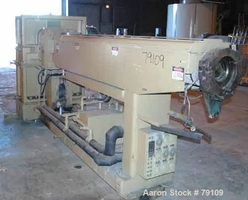Used HPM 4-1/2" Single Screw Extruder, Model TM-60-45-24. 24:1 L/D ratio. Non-vented 5 zone barrel. Electrically heated, water cooled, with tank, heat exchanger and pump. Water cooled feed throat. No...