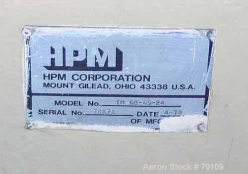 Used HPM 4-1/2" Single Screw Extruder, Model TM-60-45-24. 24:1 L/D ratio. Non-vented 5 zone barrel. Electrically heated, water cooled, with tank, heat exchanger and pump. Water cooled feed throat. No...