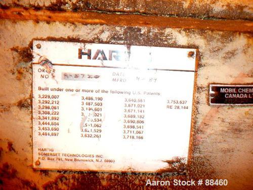 Used Hartig 10" Single Screw Extruder. Approximately 33:1 L/D ratio. Electrically heated, water cooled non-vented barrel. Feed throat, no hopper. Unit includes a Wilson model D4545 gearbox, rated at ...