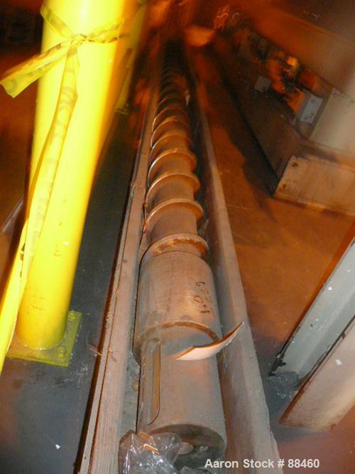 Used Hartig 10" Single Screw Extruder. Approximately 33:1 L/D ratio. Electrically heated, water cooled non-vented barrel. Feed throat, no hopper. Unit includes a Wilson model D4545 gearbox, rated at ...