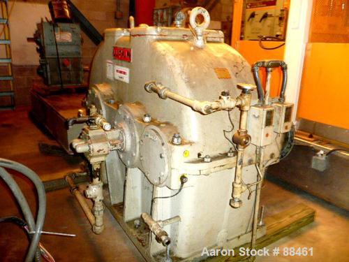 USED: Hartig 8" single screw extruder. Approximately 32:1 L/D ratio. Electrically heated, water cooled, non-vented barrel. Feed throat with hopper/crammer feeder with motor. Driven by a 700 hp DC mot...
