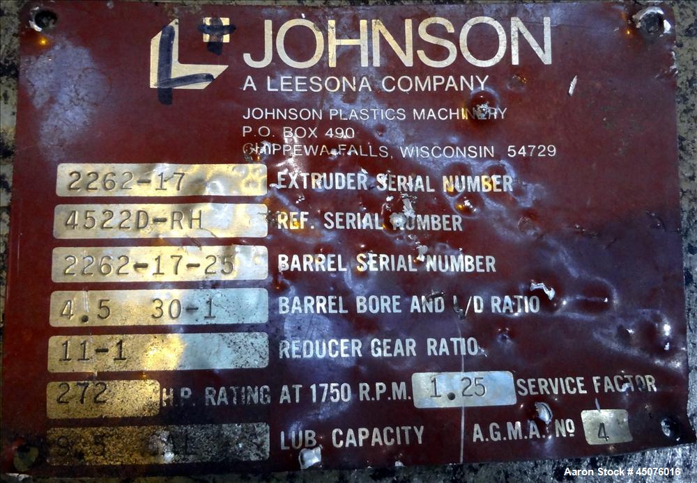 Used Johnson Plastics Machinery 4.5" Single Screw Extruder