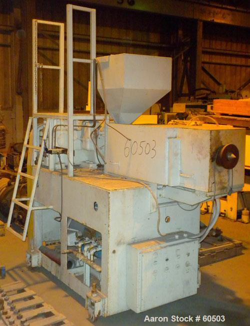 Used Johnson 2-1/2" Single Screw Extruder, Approximately 20 to 1 L/D Ratio. 3 Zone non-vented barrel electrically heated, water cooled with pump, tank, and heat exchanger. Water cooled feed throat wi...