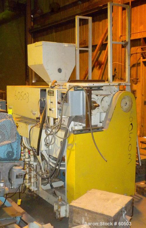 Used Johnson 2-1/2" Single Screw Extruder, Approximately 20 to 1 L/D Ratio. 3 Zone non-vented barrel electrically heated, water cooled with pump, tank, and heat exchanger. Water cooled feed throat wi...