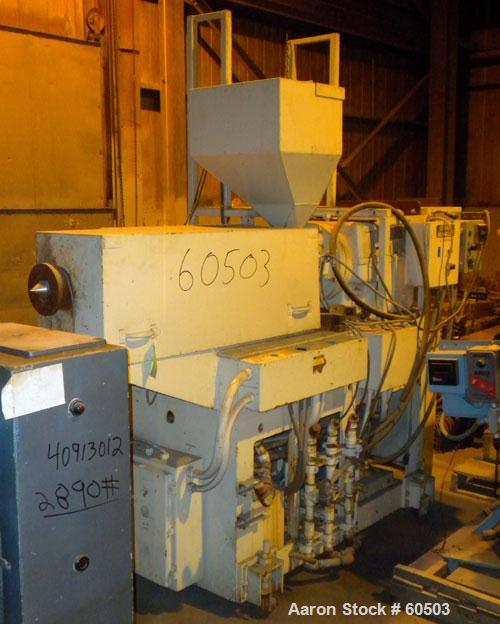Used Johnson 2-1/2" Single Screw Extruder, Approximately 20 to 1 L/D Ratio. 3 Zone non-vented barrel electrically heated, water cooled with pump, tank, and heat exchanger. Water cooled feed throat wi...