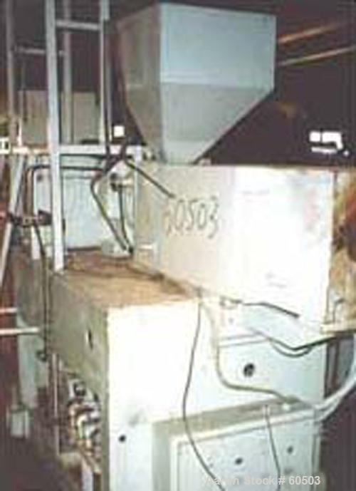 Used Johnson 2-1/2" Single Screw Extruder, Approximately 20 to 1 L/D Ratio. 3 Zone non-vented barrel electrically heated, water cooled with pump, tank, and heat exchanger. Water cooled feed throat wi...