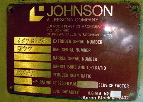 Used Johnson 2.5" Single Screw Extruder, approximately 24:1 L/D ratio. Electrically heated, water cooled, with a closed loop system with tank, heat exchanger and pump. 4 zone side vented (plugged) ba...