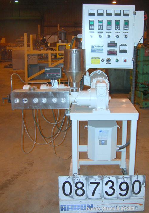 USED: Killion 1" screw diameter single screw extruder, model KLB-100. 24:1 L/D ratio. Electrically heated, air cooled, 3 zone vented barrel. Water cooled feed throat. Driven by a 3 hp, 180 volt, DC g...