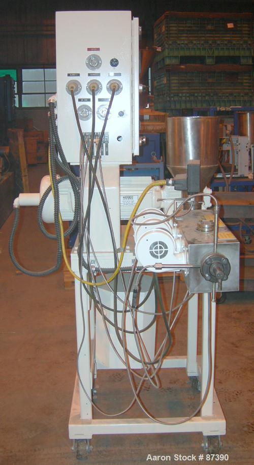 USED: Killion 1" screw diameter single screw extruder, model KLB-100. 24:1 L/D ratio. Electrically heated, air cooled, 3 zone vented barrel. Water cooled feed throat. Driven by a 3 hp, 180 volt, DC g...
