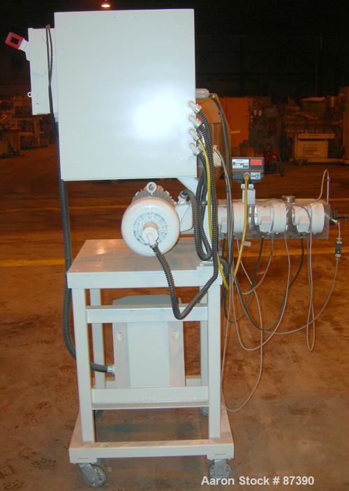 USED: Killion 1" screw diameter single screw extruder, model KLB-100. 24:1 L/D ratio. Electrically heated, air cooled, 3 zone vented barrel. Water cooled feed throat. Driven by a 3 hp, 180 volt, DC g...