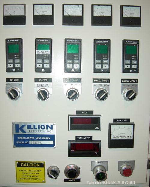 USED: Killion 1" screw diameter single screw extruder, model KLB-100. 24:1 L/D ratio. Electrically heated, air cooled, 3 zone vented barrel. Water cooled feed throat. Driven by a 3 hp, 180 volt, DC g...