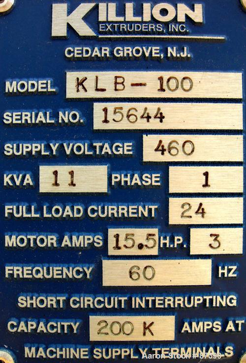 USED: Killion 1" screw diameter single screw extruder, model KLB-100. 24:1 L/D ratio. Electrically heated, air cooled, 3 zone vented barrel. Water cooled feed throat. Driven by a 3 hp, 180 volt, DC g...