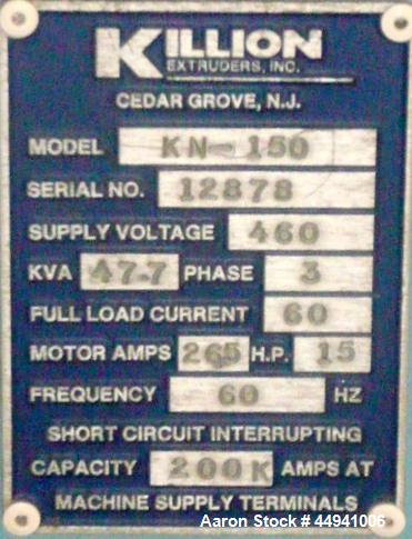Used Killion 1.5" Diameter Single Screw Extruder, Model KN150