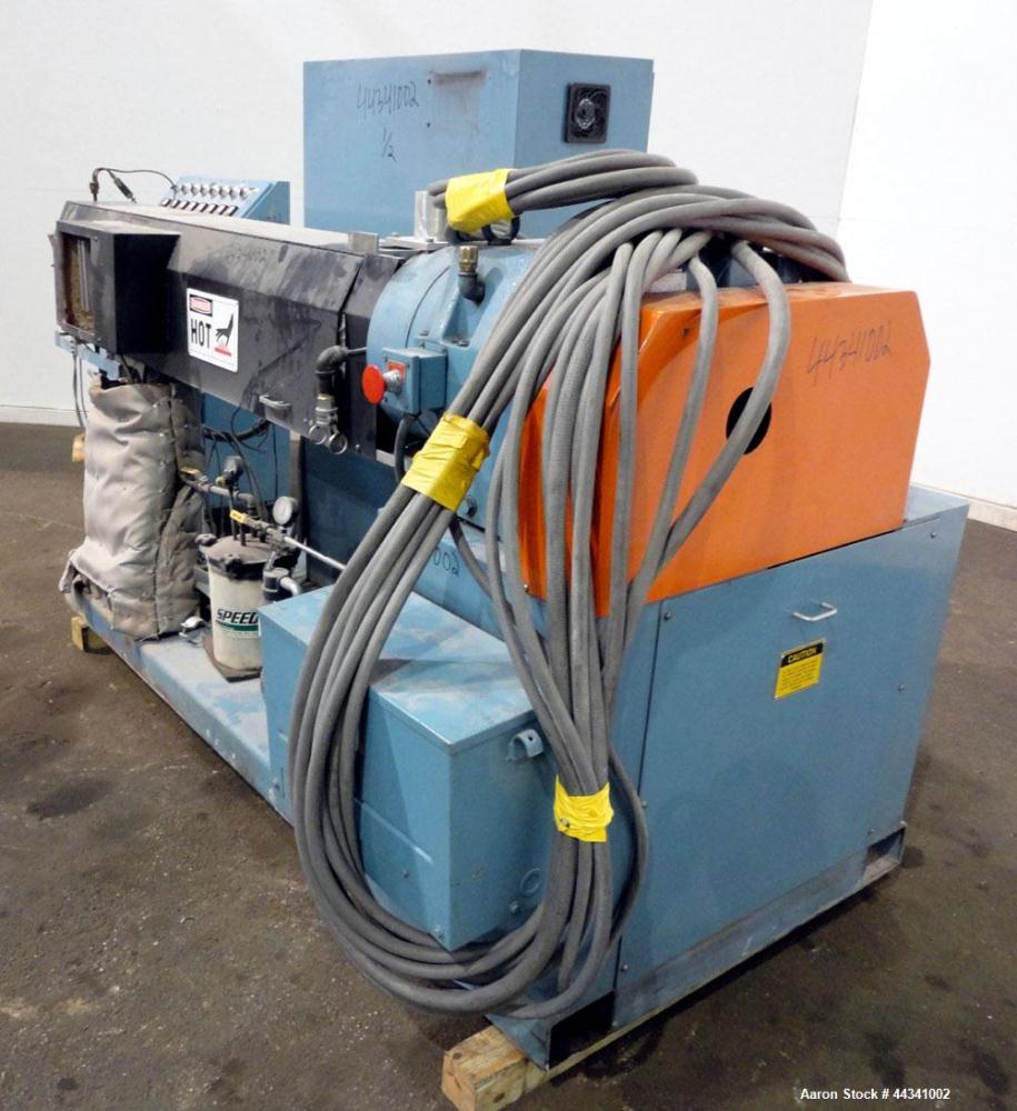 Used Killion 2.5" Single Screw Extruder, Model KN250. Approximately 30 to 1 L/D ratio, electrically heated, water cooled 4 zone side vented barrel with vacuum pump and tank. No water system for cooli...