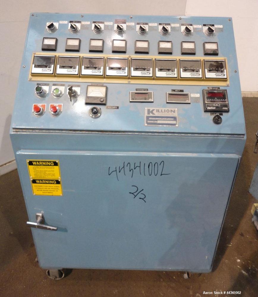 Used Killion 2.5" Single Screw Extruder, Model KN250. Approximately 30 to 1 L/D ratio, electrically heated, water cooled 4 zone side vented barrel with vacuum pump and tank. No water system for cooli...