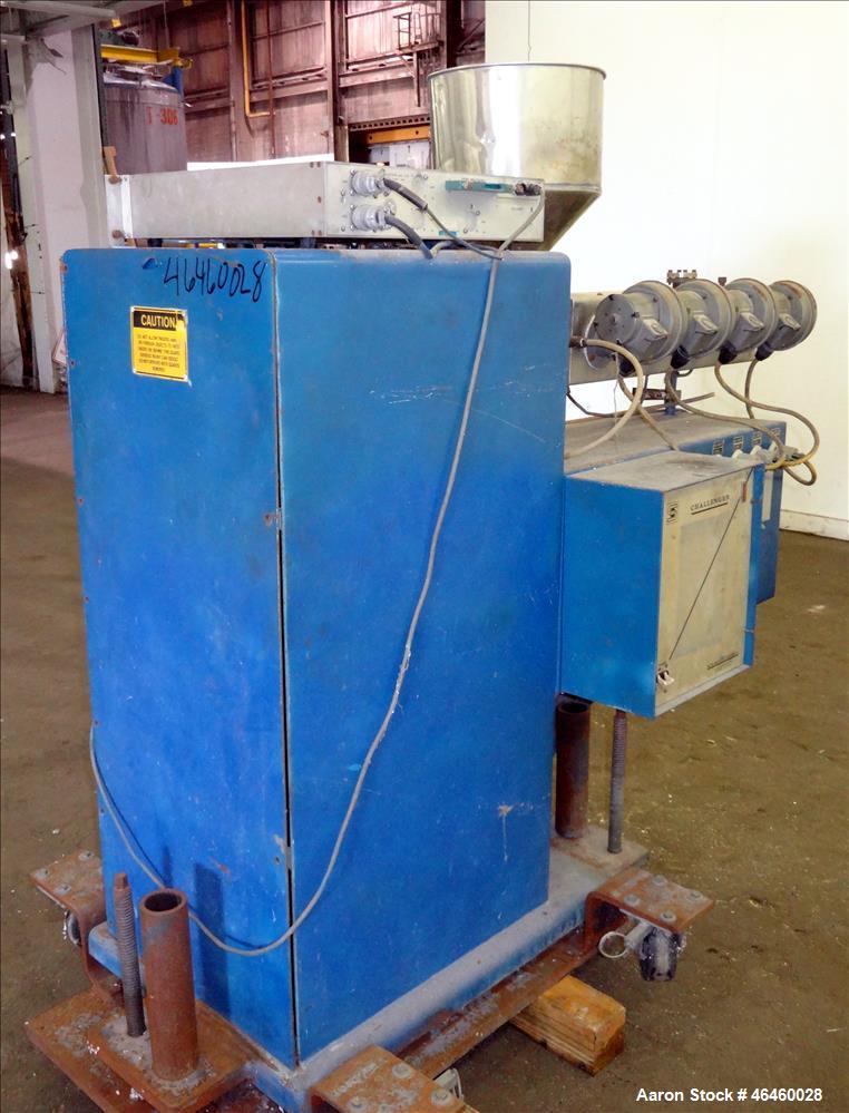 Used Killian 1.25" Single Screw Extruder. Approximate 24 to 1 L/D ratio, electrically heated air cooled 3 zone top vented barrel (plugged), water cooled feed throat with hopper, approximate 43" cente...