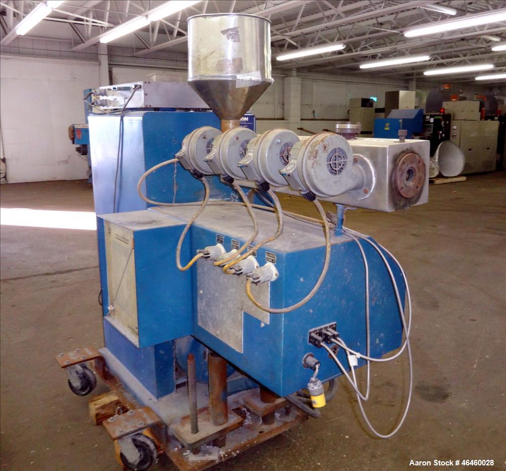 Used Killian 1.25" Single Screw Extruder. Approximate 24 to 1 L/D ratio, electrically heated air cooled 3 zone top vented barrel (plugged), water cooled feed throat with hopper, approximate 43" cente...