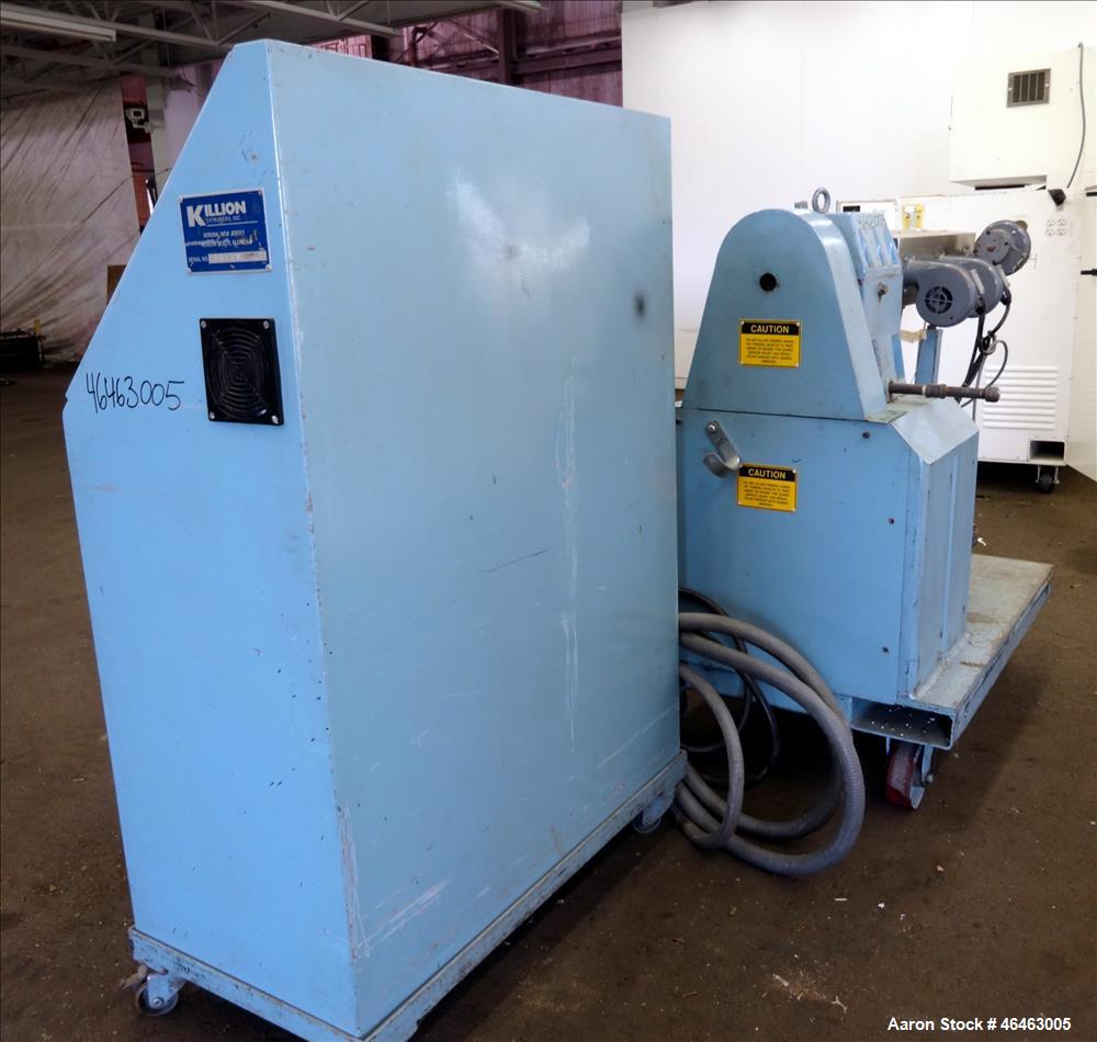 Used Killion 1.25" Single Screw Extruder. Approximate 24:1 L/D Ratio no screw. Electrically Heated, Air cooled 3 zone non-vented barrel. Water cooled feed throat, no hopper. Approximate 42.5" center ...