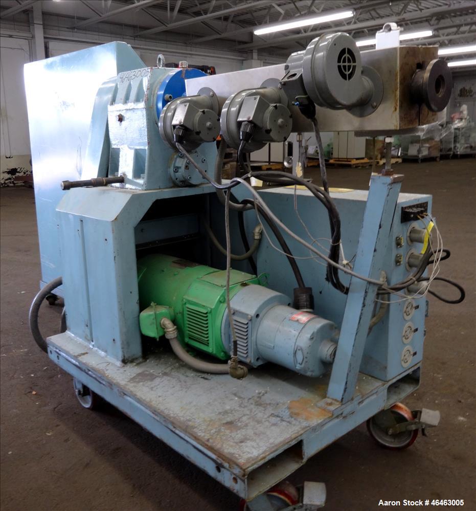 Used Killion 1.25" Single Screw Extruder. Approximate 24:1 L/D Ratio no screw. Electrically Heated, Air cooled 3 zone non-vented barrel. Water cooled feed throat, no hopper. Approximate 42.5" center ...