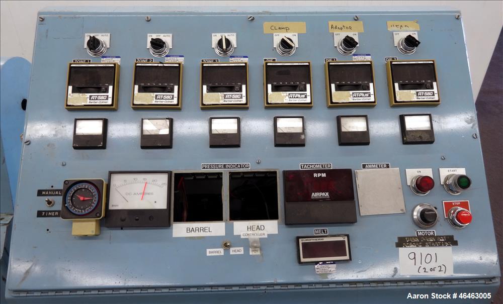 Used Killion 1.25" Single Screw Extruder. Approximate 24:1 L/D Ratio no screw. Electrically Heated, Air cooled 3 zone non-vented barrel. Water cooled feed throat, no hopper. Approximate 42.5" center ...