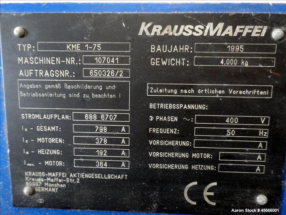 Used Krauss Maffei KME 1-75 Single Screw Extruder.