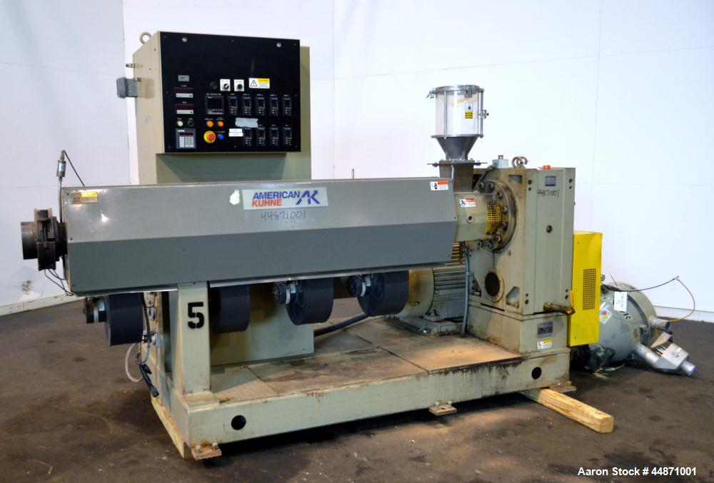 Used American Kuhne 3-1/2" Single Screw Extruder, Model AK 350 24:1 A/C EXT.  Approximately 24 to 1 L/D ratio. Electrically heated, air cooled 4 zone non-vented barrel, water cooled feed throat with ...