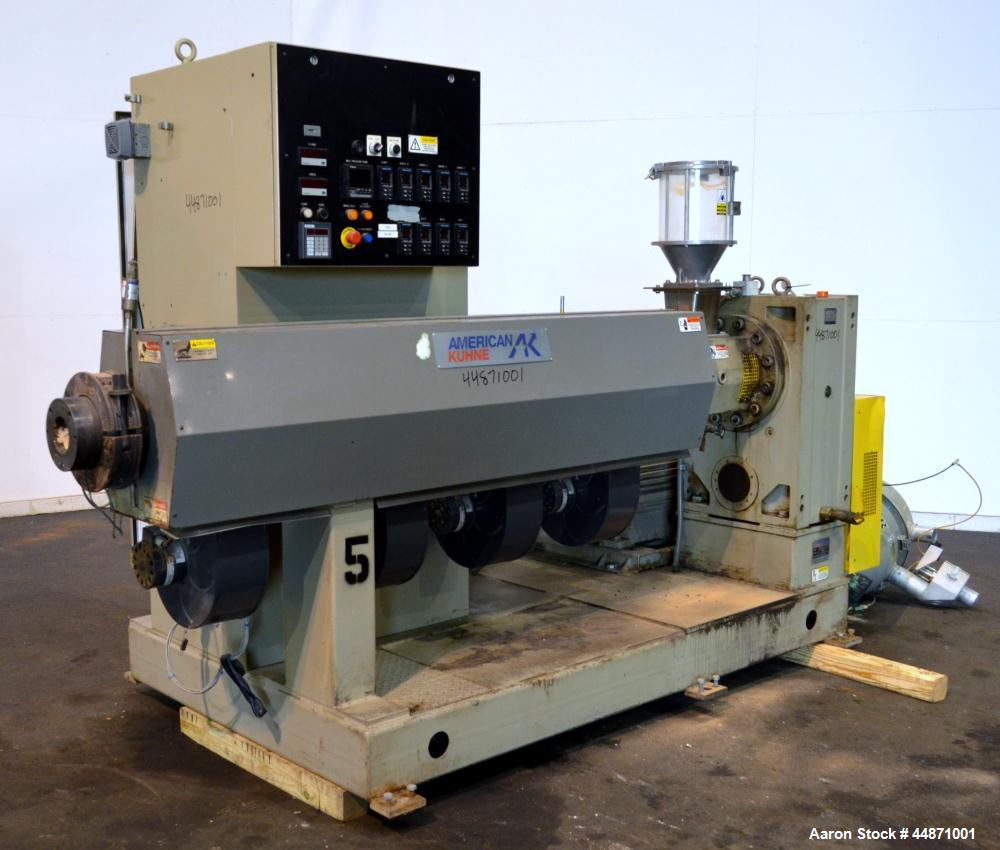 Used American Kuhne 3-1/2" Single Screw Extruder, Model AK 350 24:1 A/C EXT.  Approximately 24 to 1 L/D ratio. Electrically heated, air cooled 4 zone non-vented barrel, water cooled feed throat with ...