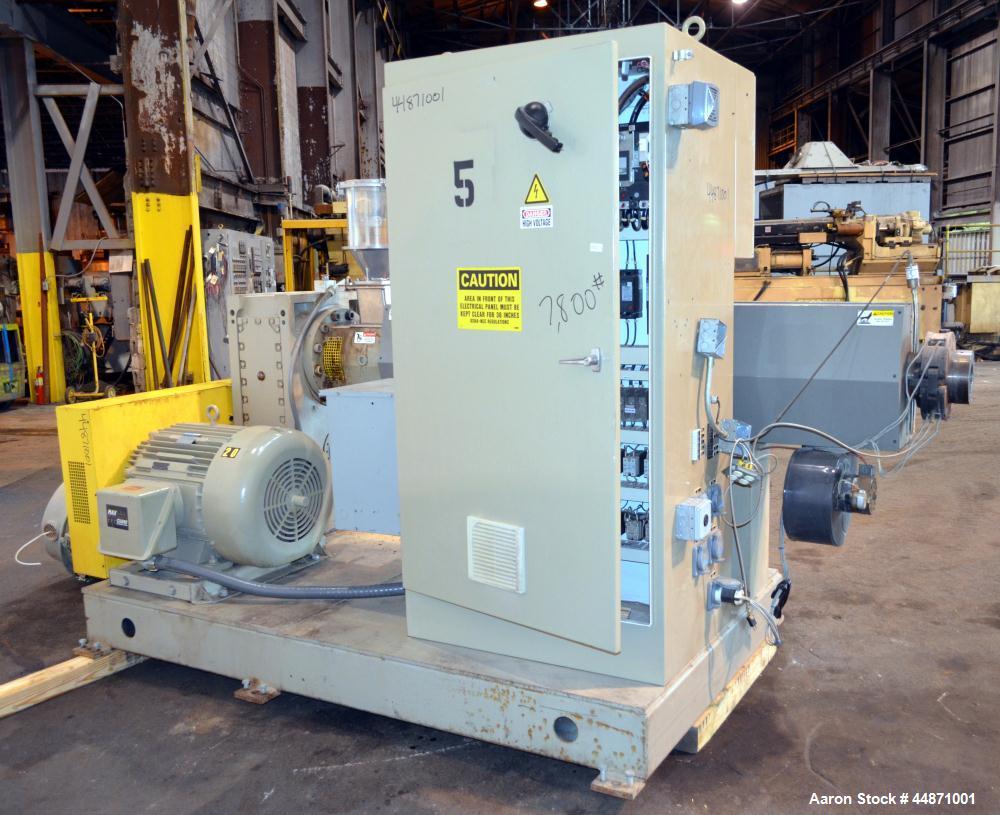 Used American Kuhne 3-1/2" Single Screw Extruder, Model AK 350 24:1 A/C EXT.  Approximately 24 to 1 L/D ratio. Electrically heated, air cooled 4 zone non-vented barrel, water cooled feed throat with ...