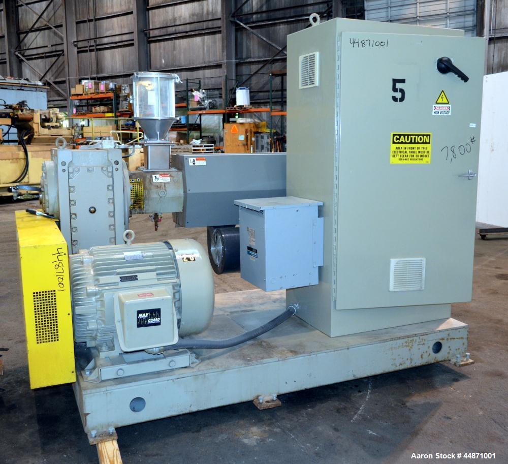 Used American Kuhne 3-1/2" Single Screw Extruder, Model AK 350 24:1 A/C EXT.  Approximately 24 to 1 L/D ratio. Electrically heated, air cooled 4 zone non-vented barrel, water cooled feed throat with ...