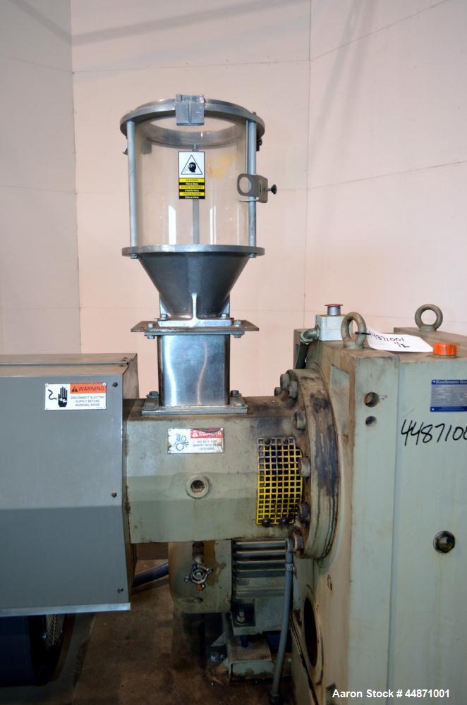 Used American Kuhne 3-1/2" Single Screw Extruder, Model AK 350 24:1 A/C EXT.  Approximately 24 to 1 L/D ratio. Electrically heated, air cooled 4 zone non-vented barrel, water cooled feed throat with ...
