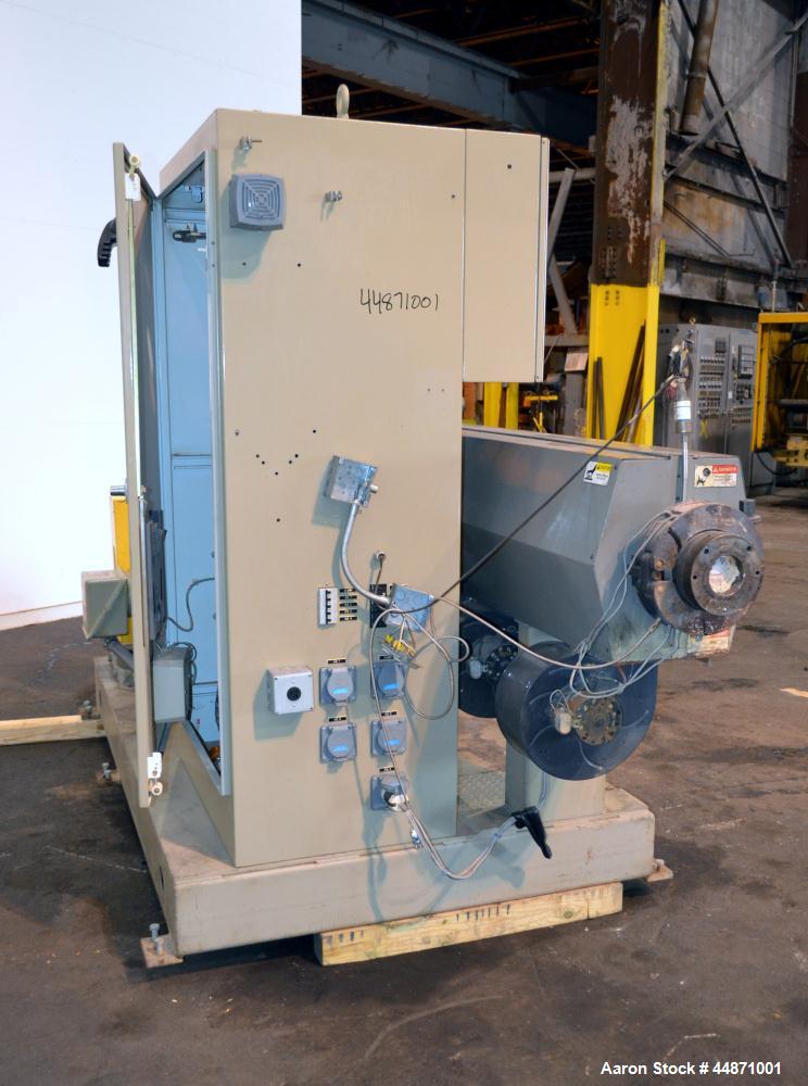 Used American Kuhne 3-1/2" Single Screw Extruder, Model AK 350 24:1 A/C EXT.  Approximately 24 to 1 L/D ratio. Electrically heated, air cooled 4 zone non-vented barrel, water cooled feed throat with ...