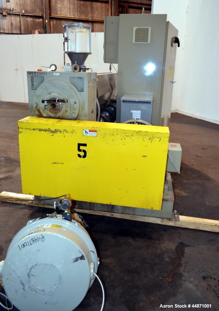 Used American Kuhne 3-1/2" Single Screw Extruder, Model AK 350 24:1 A/C EXT.  Approximately 24 to 1 L/D ratio. Electrically heated, air cooled 4 zone non-vented barrel, water cooled feed throat with ...