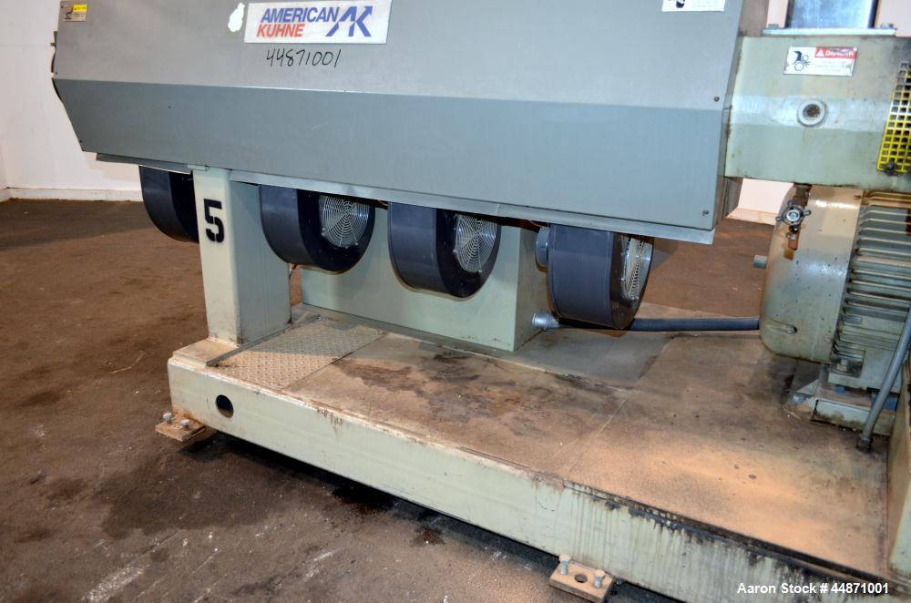 Used American Kuhne 3-1/2" Single Screw Extruder, Model AK 350 24:1 A/C EXT.  Approximately 24 to 1 L/D ratio. Electrically heated, air cooled 4 zone non-vented barrel, water cooled feed throat with ...