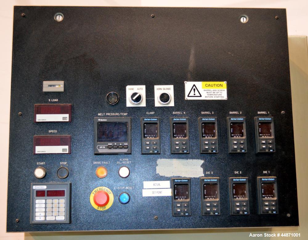 Used American Kuhne 3-1/2" Single Screw Extruder, Model AK 350 24:1 A/C EXT.  Approximately 24 to 1 L/D ratio. Electrically heated, air cooled 4 zone non-vented barrel, water cooled feed throat with ...