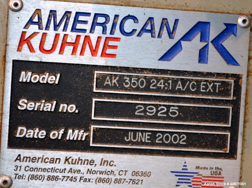 Used- American Kuhne 3-1/2" Single Screw Extruder, Model AK 350 24:1 A/C EXT.  Approximately 24 to 1 L/D ratio. Electrically...